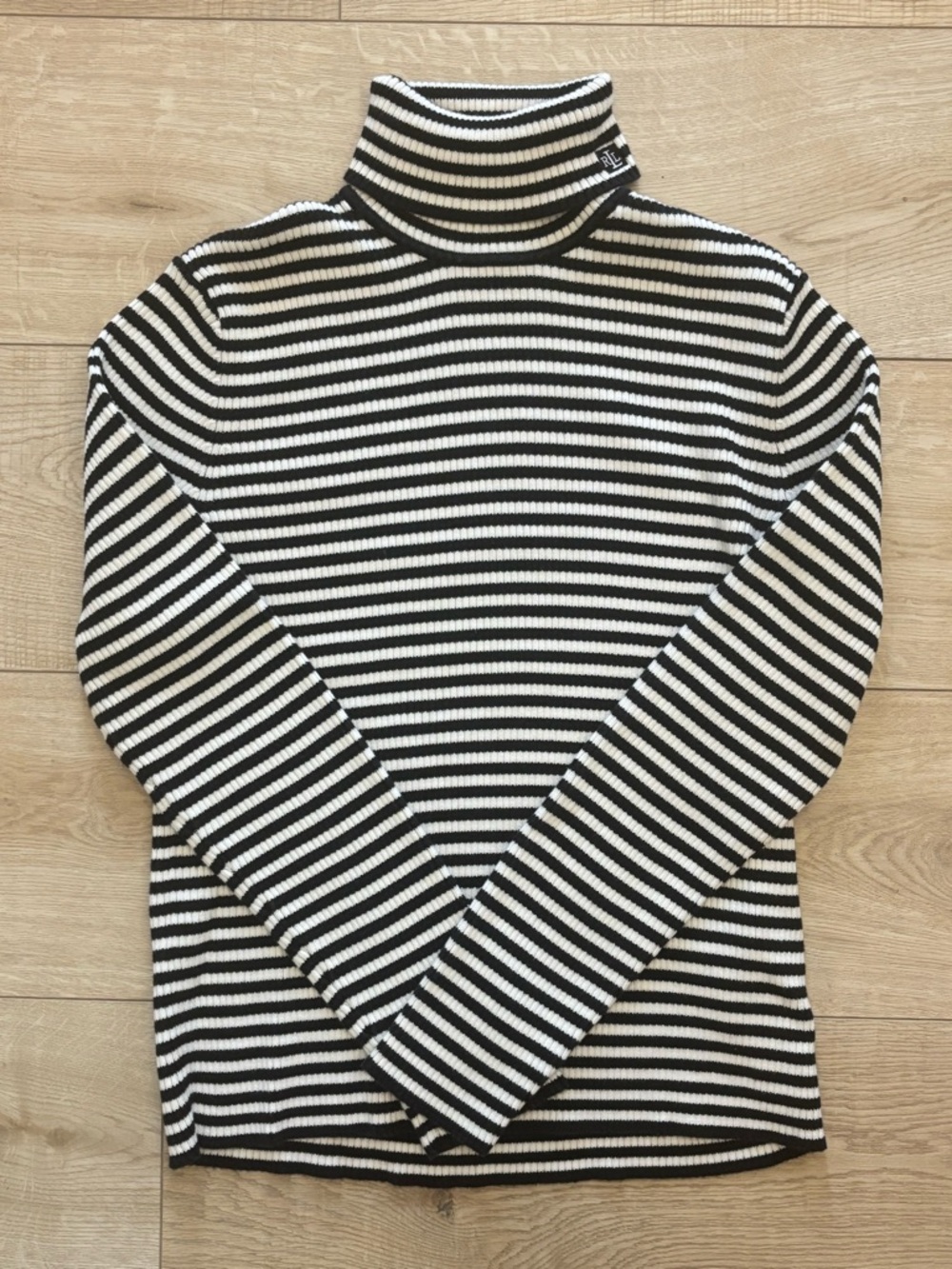 Lauren Ralph Lauren Preppy Black & White Striped Chunky Knit Turtleneck Sweater